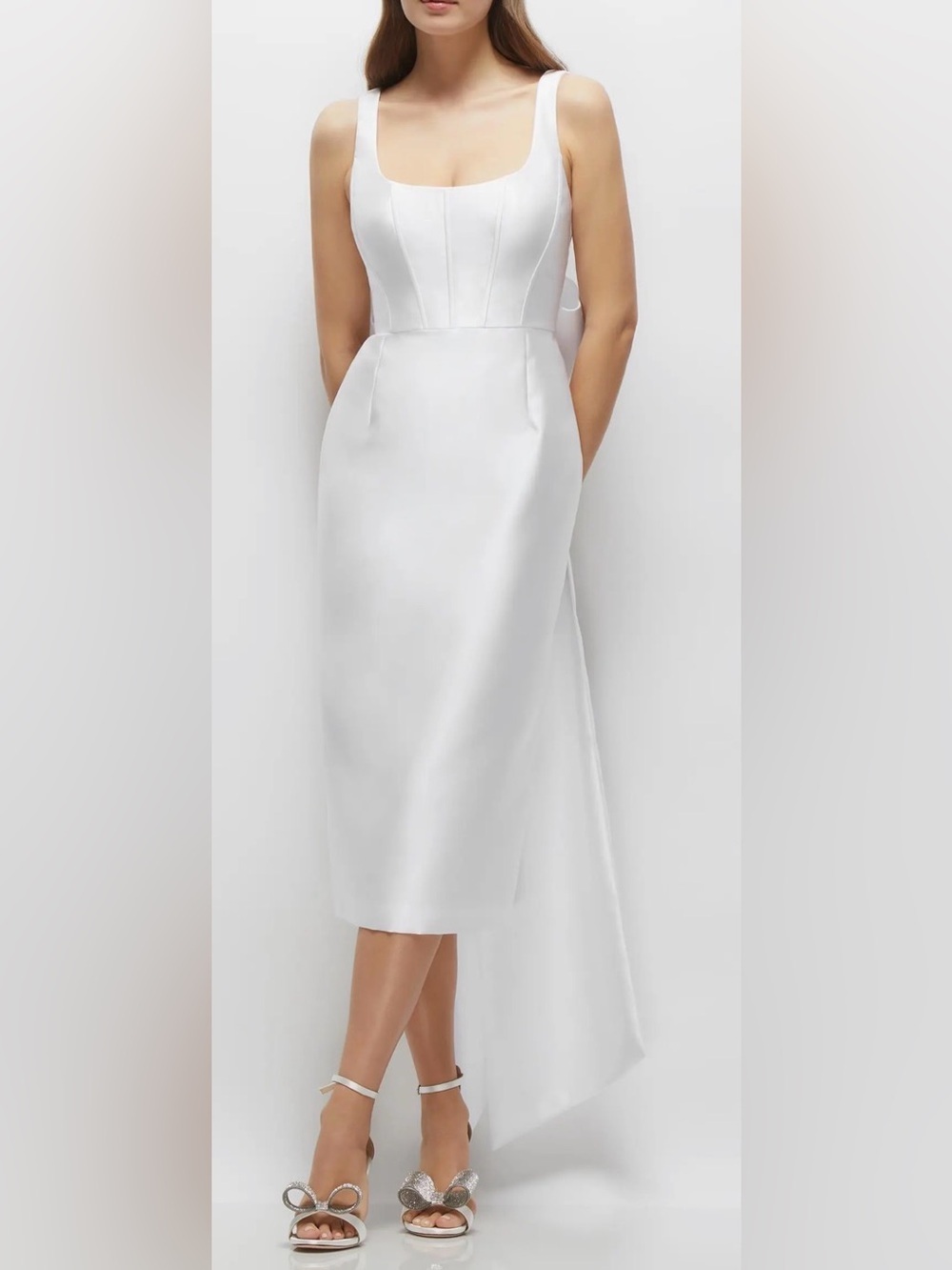 NEW Alfred Sung White Scoop Neck Corset Satin Midi Dress Floor-Length Bow Sz 14